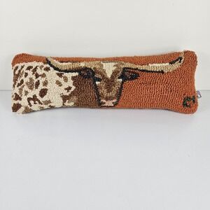 Chandler 4 Corners Longhorn Steer Hand Hooked Wool Lumbar Pillow Rust Brown 16x6